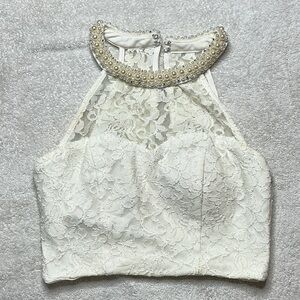 Xhilaration Ivory Lace Pearl-Trim Halter Crop Top
